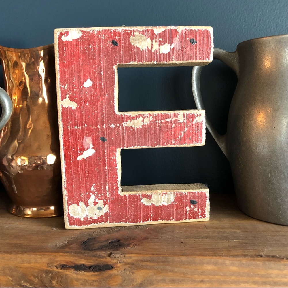 Vintage Style Wooden Letter E Weathered Red
